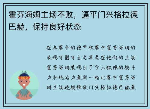 霍芬海姆主场不败，逼平门兴格拉德巴赫，保持良好状态